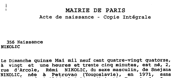 Certificato di nascita di Remi Nikolic emesso dalle autorita' francesi