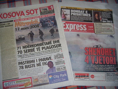 La stampa albanese riporta i disordini di Mitrovica del 17 marzo 2008.